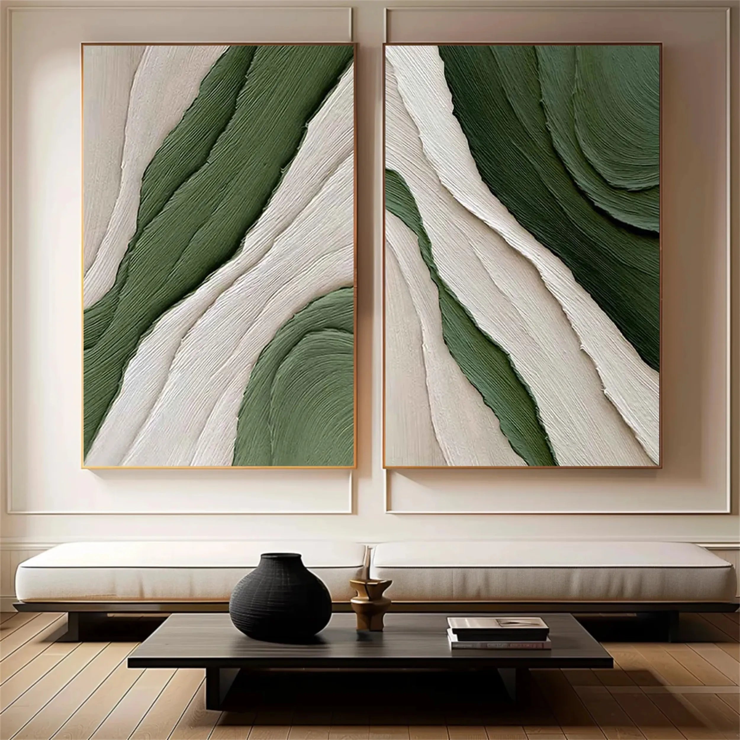 Green Textured Minimalist Wall Art Set of 2